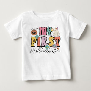私の最初のハロウィーンかわいいカボチャ幽霊グルービー ベビーTシャツ