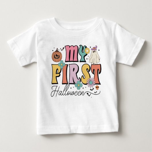 私の最初のハロウィーンかわいいカボチャ幽霊グルービー ベビーTシャツ (正面)