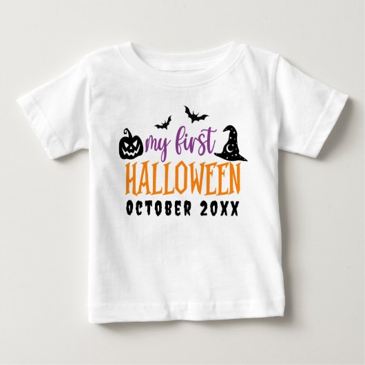 私の最初のハロウィーンかわいい乳児 パーソナライズされた ベビーTシャツ (正面)