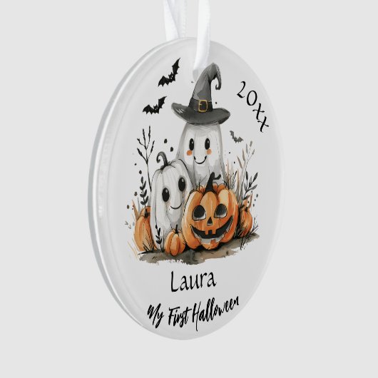私の最初のハロウィーンかわいい幽霊カボチャベビー名 オーナメント (正面)