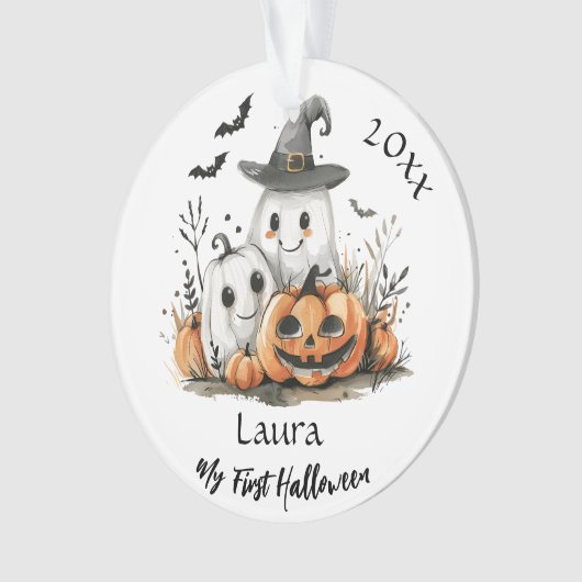 私の最初のハロウィーンかわいい幽霊カボチャベビー名 オーナメント (正面)
