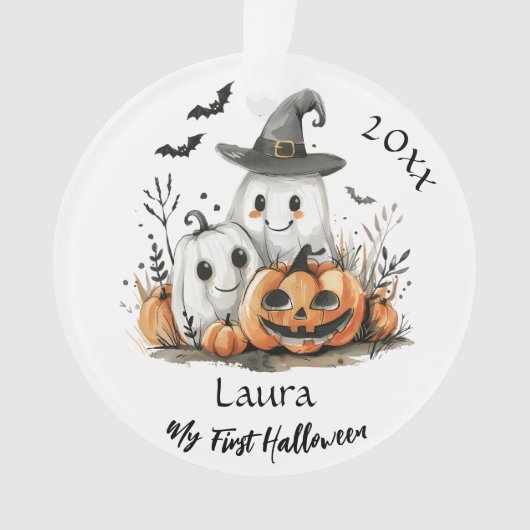 私の最初のハロウィーンかわいい幽霊カボチャベビー名 オーナメント (正面)