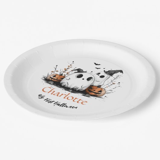 私の最初のハロウィーンかわいい幽霊カボチャベビー名 ペーパープレート (アングル)