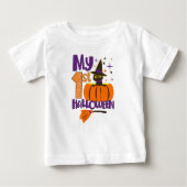 私の最初のハロウィーンベビーかわいい黒猫ウィッチカボチャ ベビーTシャツ (正面)