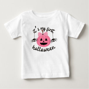 私の最初のハロウィーン幸せなピンクのパンプキンベビーガール ベビーTシャツ