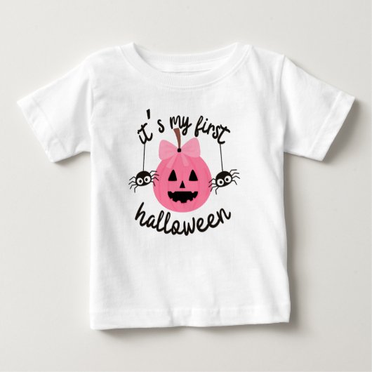 私の最初のハロウィーン幸せなピンクのパンプキンベビーガール ベビーTシャツ (正面)