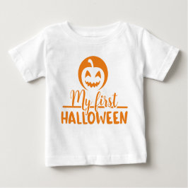 私の最初のハロウィーン怖いオレンジカボチャ ベビーTシャツ