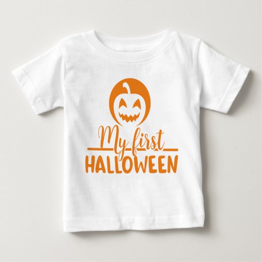 私の最初のハロウィーン怖いオレンジカボチャ ベビーTシャツ (正面)