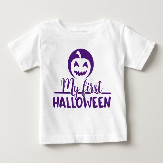 私の最初のハロウィーン怖い紫色のカボチャ ベビーTシャツ (正面)