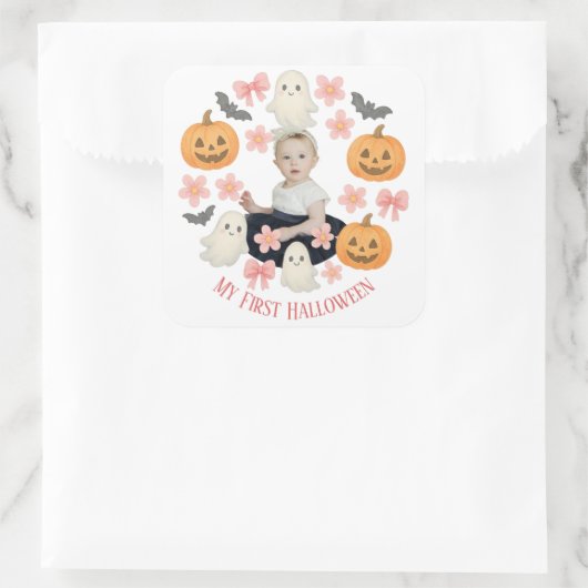 私の最初のハロウィーン | キュートカボンプキン&幽霊リース スクエアシール (バッグ)