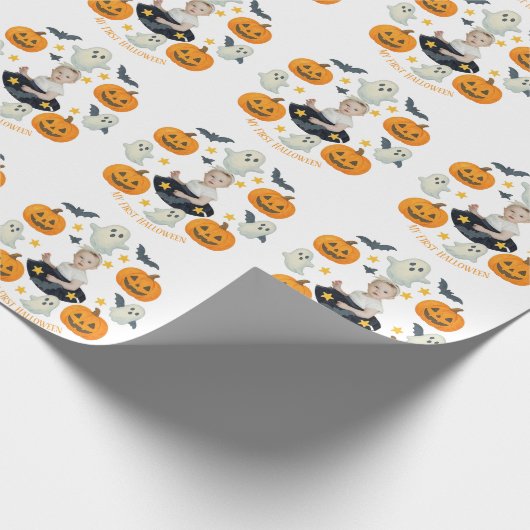 私の最初のハロウィーン | キュートカボンプキン&幽霊リース ラッピングペーパー (角)