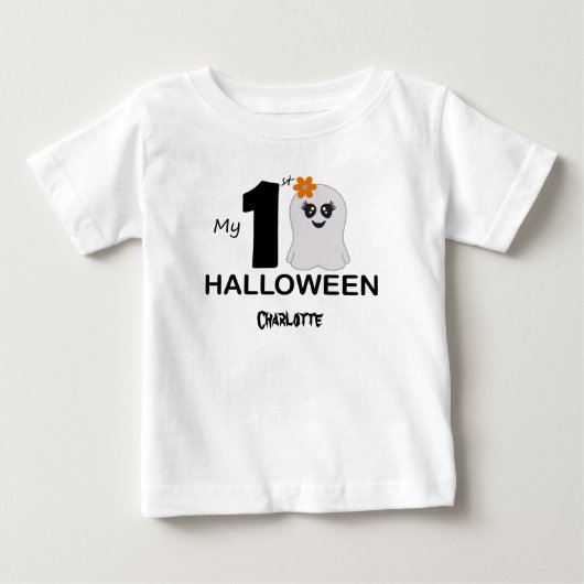私の最初のハロウィーン。シート内の幽霊。編集可能な名前 ベビーTシャツ (正面)
