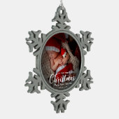 私の最初のメリー小さなクリスマス生まれたばかりのベビー写真 スノーフレークピューターオーナメント (左)