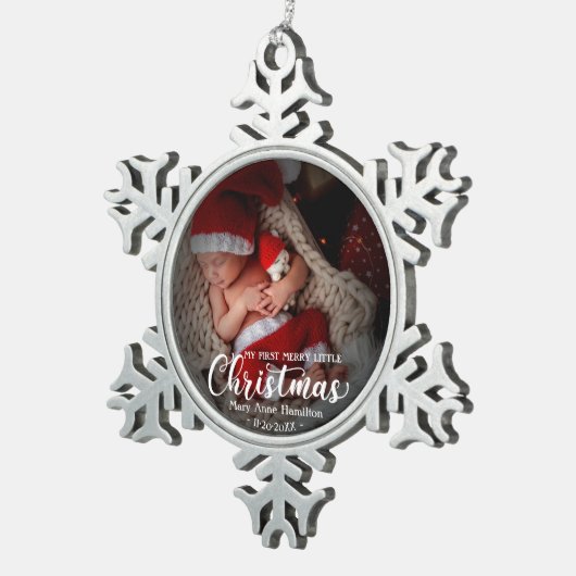私の最初のメリー小さなクリスマス生まれたばかりのベビー写真 スノーフレークピューターオーナメント (右)