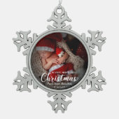 私の最初のメリー小さなクリスマス生まれたばかりのベビー写真 スノーフレークピューターオーナメント (正面)