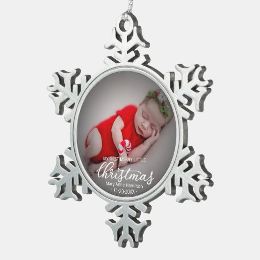 私の最初のメリー小さなクリスマス生まれたばかりのベビー写真 スノーフレークピューターオーナメント (右)