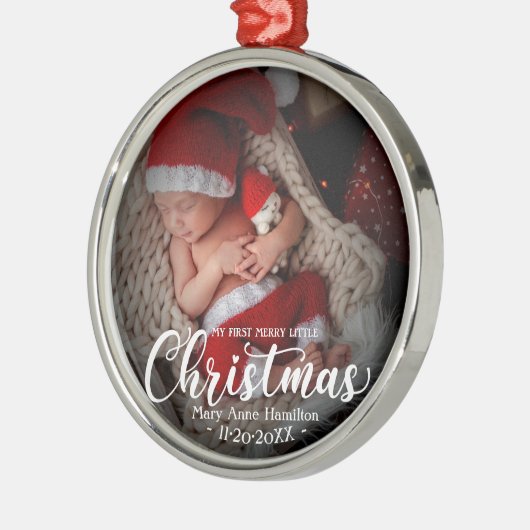 私の最初のメリー小さなクリスマス生まれたばかりのベビー写真 メタルオーナメント (左)
