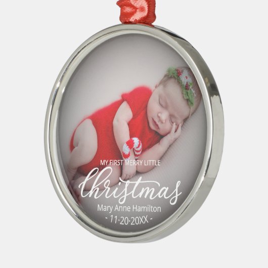 私の最初のメリー小さなクリスマス生まれたばかりのベビー写真 メタルオーナメント (左)