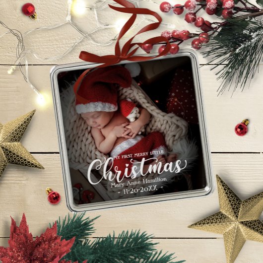 私の最初のメリー小さなクリスマス生まれたばかりのベビー写真 メタルオーナメント