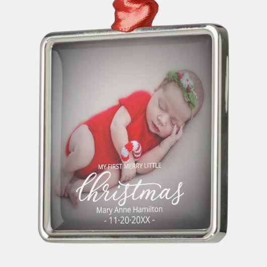 私の最初のメリー小さなクリスマス生まれたばかりのベビー写真 メタルオーナメント (左)