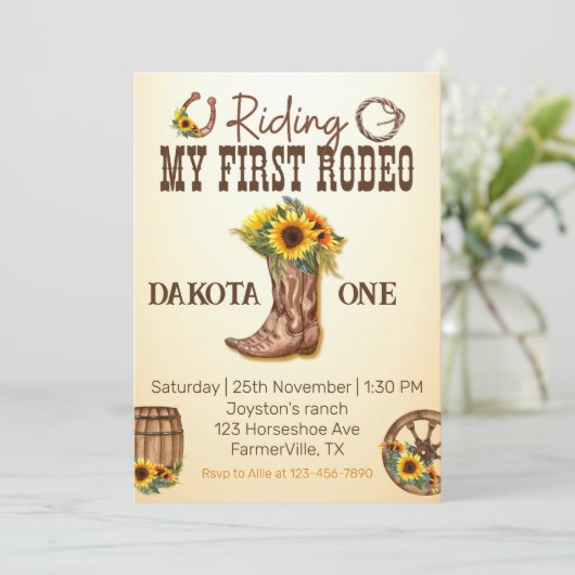 私の最初のロデオのカウボーイはヒマワリの女の子をブーツ 招待状 (スタンド正面)
