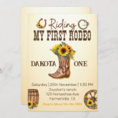 私の最初のロデオのカウボーイはヒマワリの女の子をブーツ 招待状 (正面/裏面)