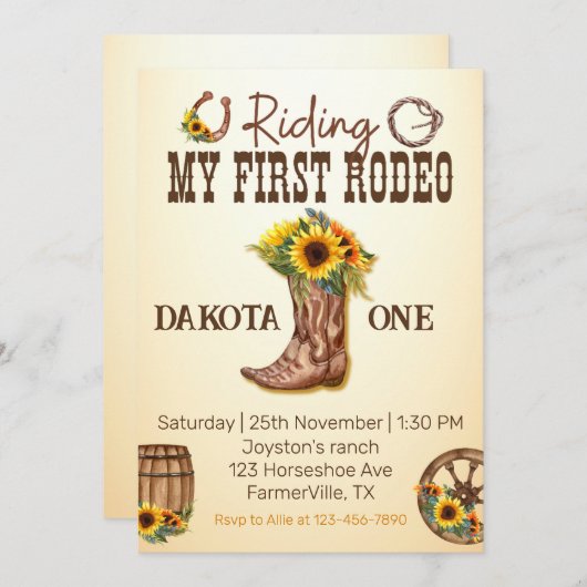 私の最初のロデオのカウボーイはヒマワリの女の子をブーツ 招待状 (正面/裏面)