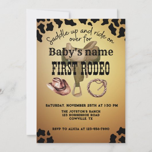 私の最初のロデオサドルアップ牛のプリント茶色 招待状 (正面)
