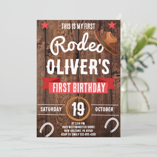 私の最初のロデオ、西部のパーティー、カウボーイの最初の誕生日 招待状 (スタンド正面)