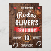 私の最初のロデオ、西部のパーティー、カウボーイの最初の誕生日 招待状 (正面/裏面)