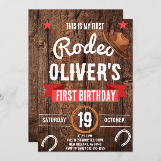 私の最初のロデオ、西部のパーティー、カウボーイの最初の誕生日 招待状 (正面/裏面)