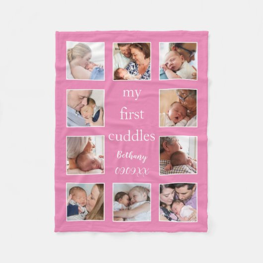 私の最初の幼児の名前10写真ピンク生まれたばかりの色 フリースブランケット (正面)