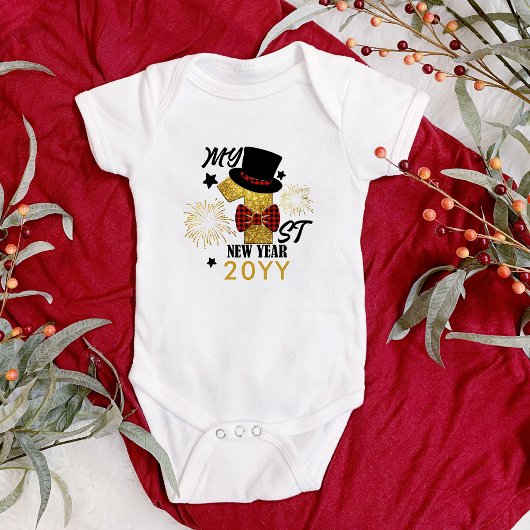 私の最初の新年かわいい男の赤ちゃん金ゴールドグリッター ベビーボディスーツ