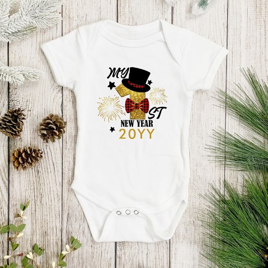 私の最初の新年かわいい男の赤ちゃん金ゴールドグリッター ベビーボディスーツ