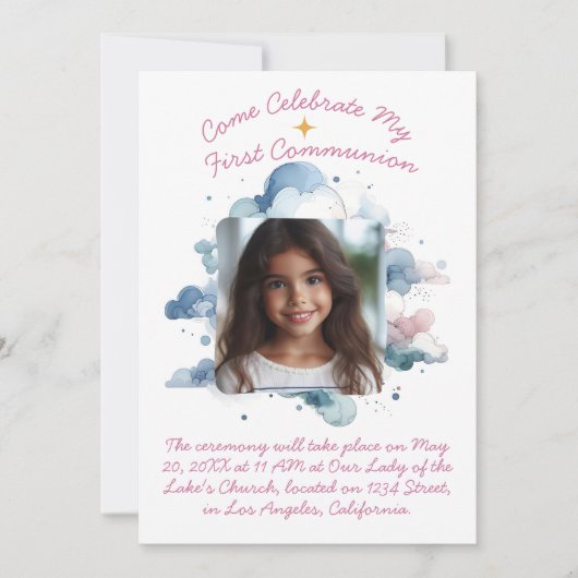 私の最初の聖餐式の水彩雲 招待状 (正面)