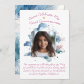 私の最初の聖餐式の水彩雲 招待状 (正面/裏面)