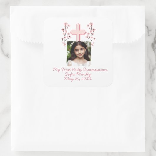 私の最初の聖餐式カスタムの写真フローラ スクエアシール (バッグ)