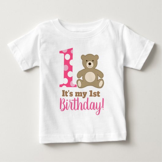 私の最初の誕生日の女の子のピンクテディベアTシャツ ベビーTシャツ (正面)