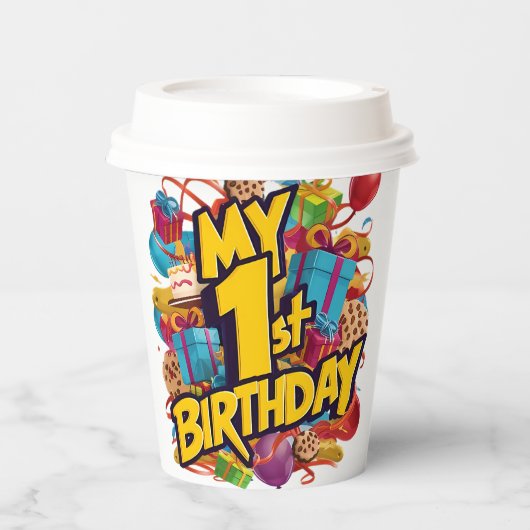 私の最初の誕生日クッキーとバルーン 紙コップ (正面)