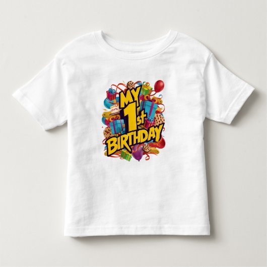 私の最初の誕生日　ケーキと風船 トドラーTシャツ (正面)