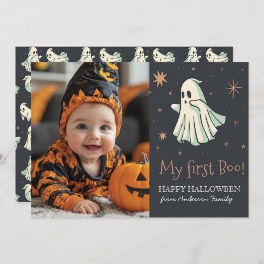 私の最初の部分幽霊ベビーフォトハロウィーン 招待状 (正面/裏面)