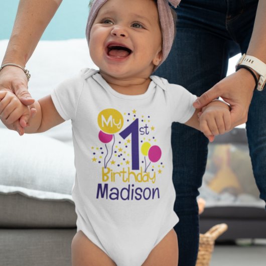 私の最初の1歳の誕生日バルーンベビー ベビーボディスーツ