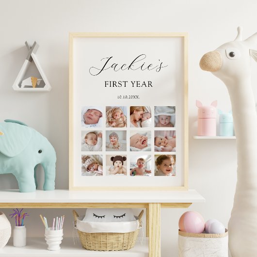 私の最初の1歳の誕生日12写真コラージュのサイン ポスター