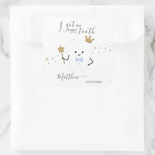 私の最初得の歯の男の赤ちゃん歯の日付スクアー スクエアシール (バッグ)