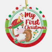 私の最初第1クリスマスの小妖精や小人のユニコーンの子供 セラミックオーナメント (正面)