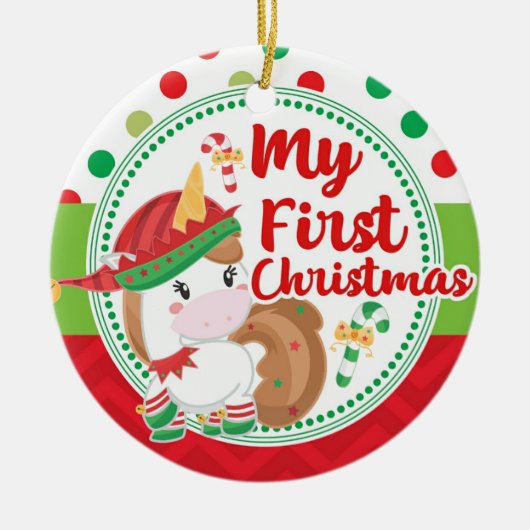 私の最初第1クリスマスの小妖精や小人のユニコーンの子供 セラミックオーナメント (正面)