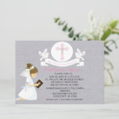 私の最初聖餐式の女の子のひざまずく招待状 招待状 (スタンド正面)