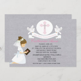 私の最初聖餐式の女の子のひざまずく招待状 招待状
