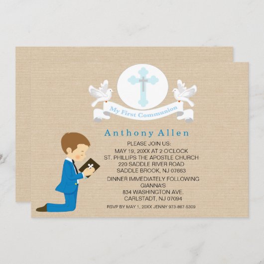 私の最初聖餐式の男の子のひざまずく招待状 招待状 (正面/裏面)