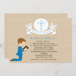 私の最初聖餐式の男の子のひざまずく招待状 招待状